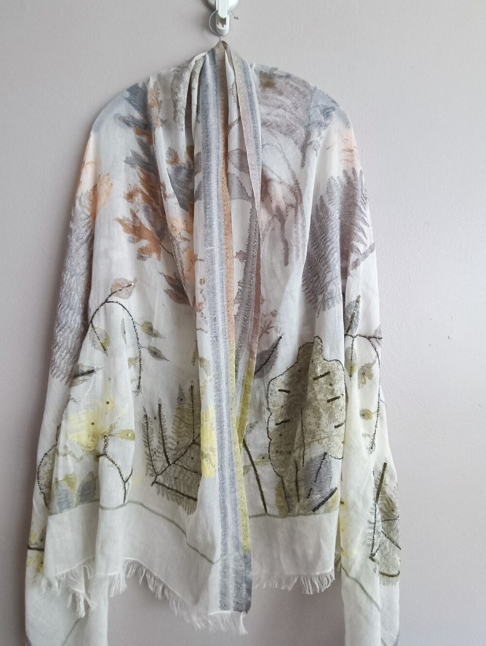 TILO Botanical Eco-Print Oversized Scarf Wrap - Embroidered Beaded 78x39 Pastels